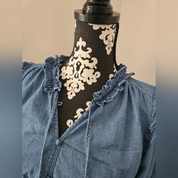 Lauren Conrad Blue Chambray Ruffled Long Sleeve Dress Size L - Picture 6 of 12